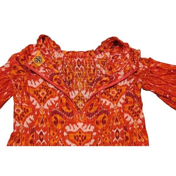 Tory Burch Blouse Silk Blend Size 10 Ruffle Neck Long Flared Sleeves Orange Red - Picture 9 of 13